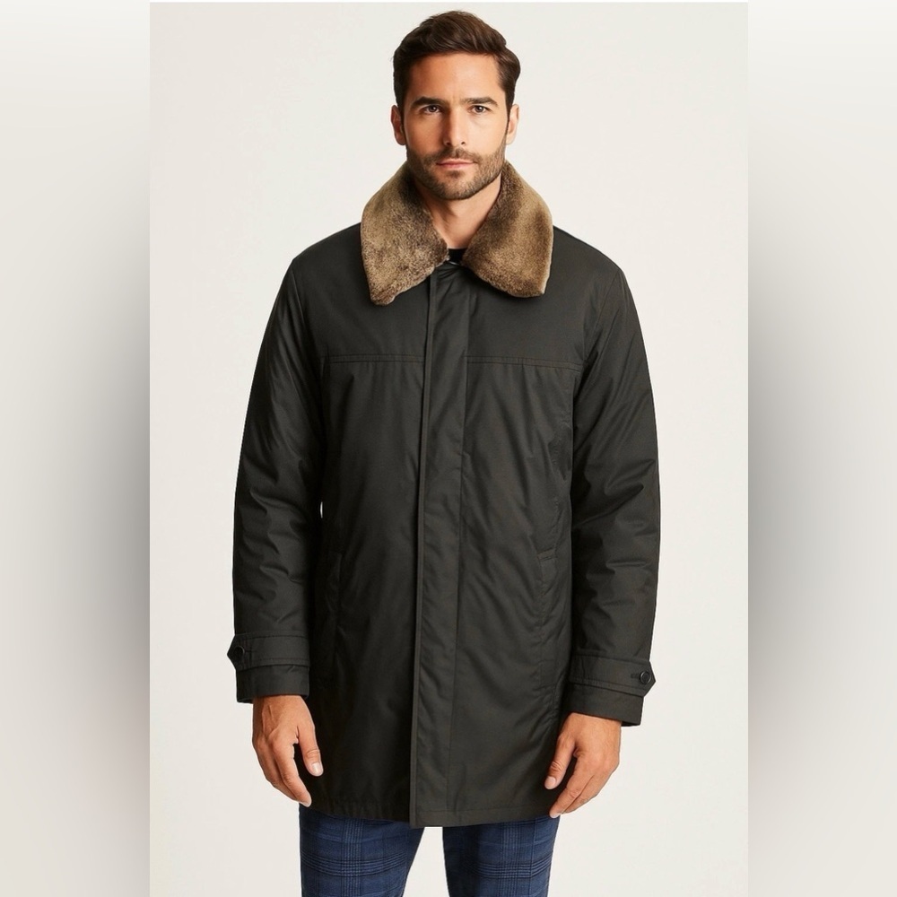 Marc New York Mens Trench Rain Coat Large Black Fur Collar City Chic Classic